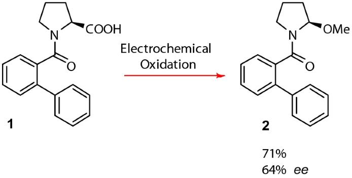 （[1，1'-联苯] -2-羰基）-1-脯氨酸（1）的电化学氧化为脯氨酸衍生物（R）-[1,1'-联苯] -2-基（2-甲氧基吡咯烷-1- yl）甲酮（2）