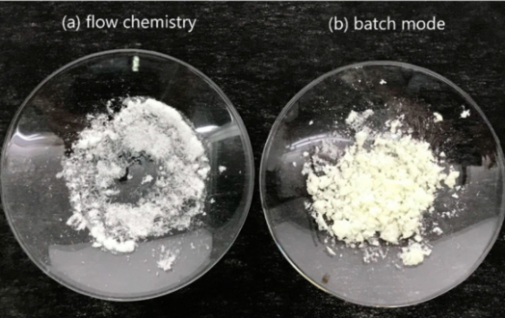 ( a ) 流动化学和 ( b ) 分批模式生产的 TNT 。流动化学样品为白色，而批处理模式样品因杂质而呈黄色。