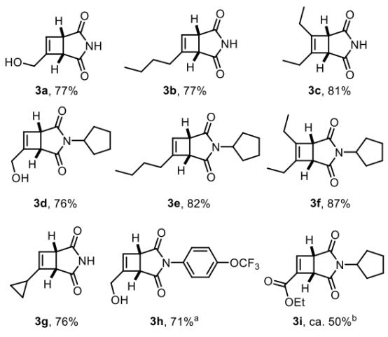 Figure 1 连续环丁烯合成的底物范围；使用20mol%的噻吨酮； b 对二氧化硅不稳定。